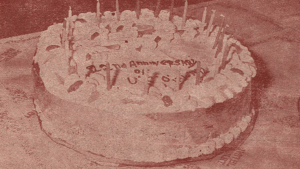 The USO cake before it was cut to celebrate the 22nd Anniversary of USO